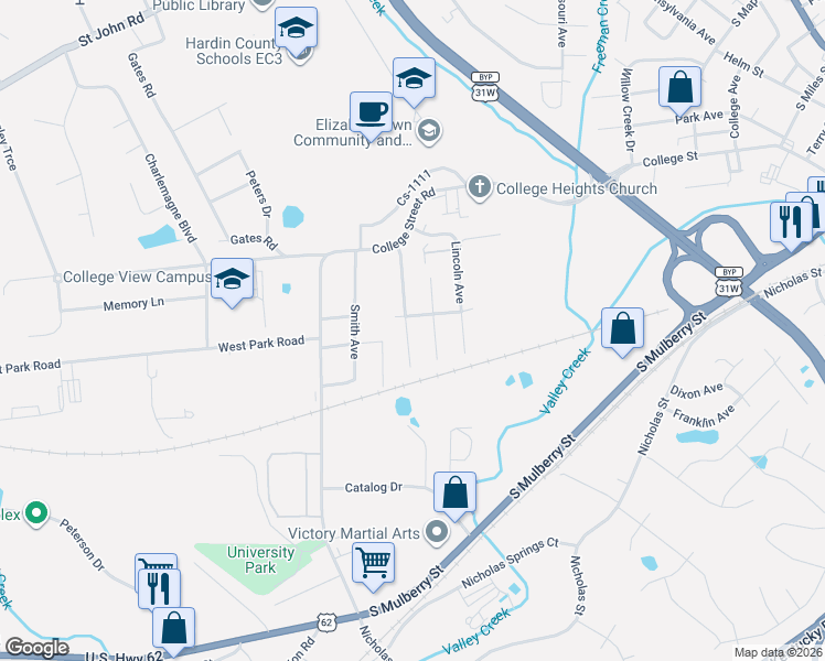 map of restaurants, bars, coffee shops, grocery stores, and more near 411 College View Drive in Elizabethtown