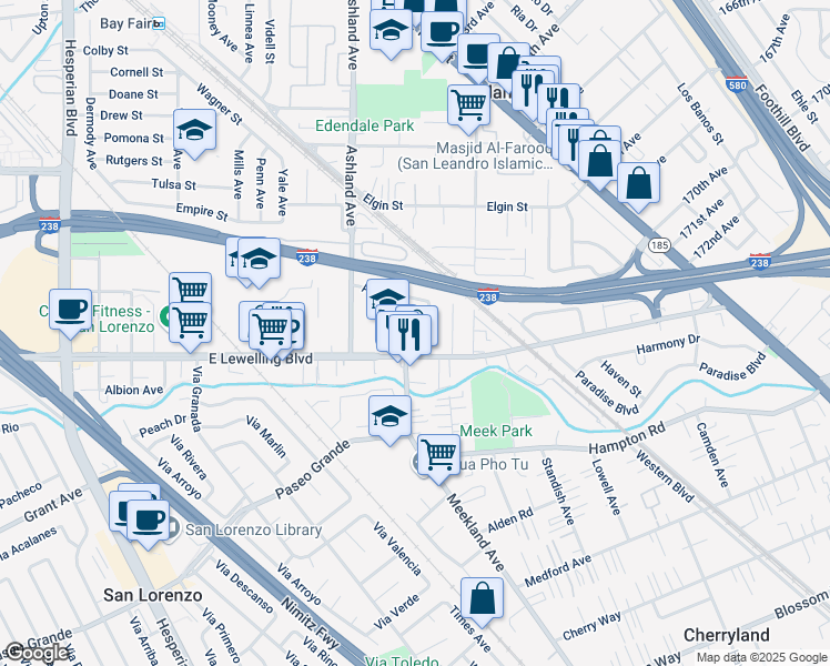 map of restaurants, bars, coffee shops, grocery stores, and more near 16704 Meekland Avenue in San Lorenzo