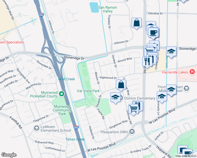 map of restaurants, bars, coffee shops, grocery stores, and more near 6586 Inglewood Drive in Pleasanton