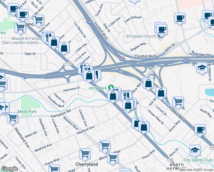 map of restaurants, bars, coffee shops, grocery stores, and more near 1069 Gilbert Street in Hayward