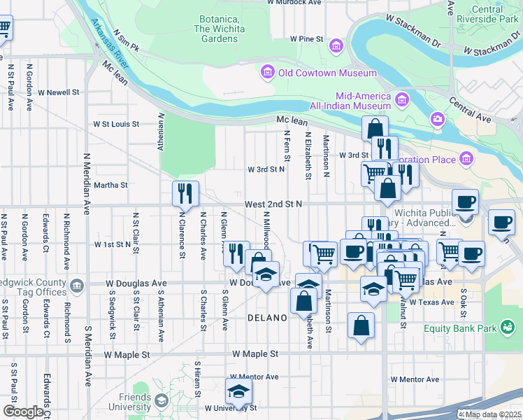 map of restaurants, bars, coffee shops, grocery stores, and more near 255 Millwood North in Wichita