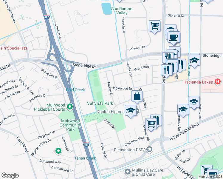map of restaurants, bars, coffee shops, grocery stores, and more near 6586 Inglewood Drive in Pleasanton
