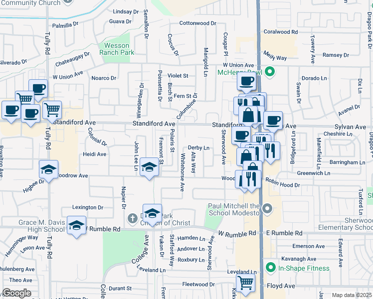 map of restaurants, bars, coffee shops, grocery stores, and more near 600 Derby Lane in Modesto