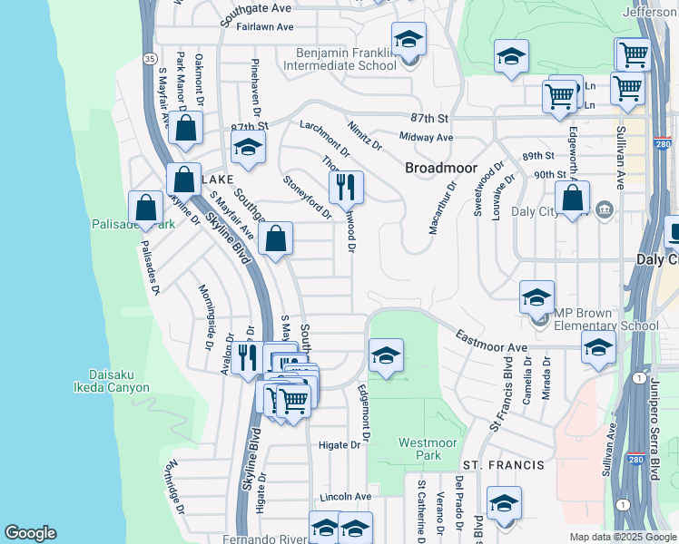 map of restaurants, bars, coffee shops, grocery stores, and more near 605 Stoneyford Dr in Daly City