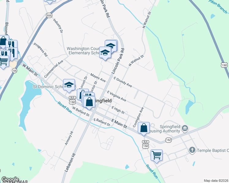 map of restaurants, bars, coffee shops, grocery stores, and more near 101-199 East Virginia Avenue in Springfield