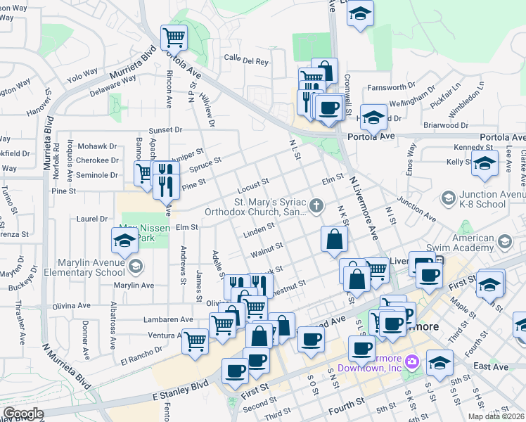 map of restaurants, bars, coffee shops, grocery stores, and more near 1753 Elm Street in Livermore