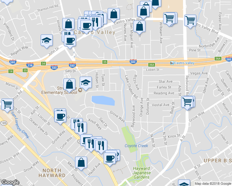 map of restaurants, bars, coffee shops, grocery stores, and more near 21487 Outlook Court in Castro Valley