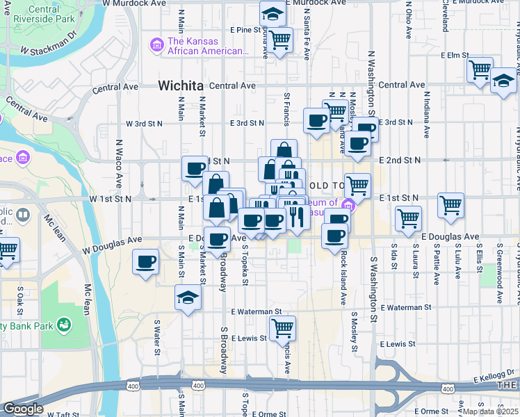 map of restaurants, bars, coffee shops, grocery stores, and more near 149 North Emporia Avenue in Wichita