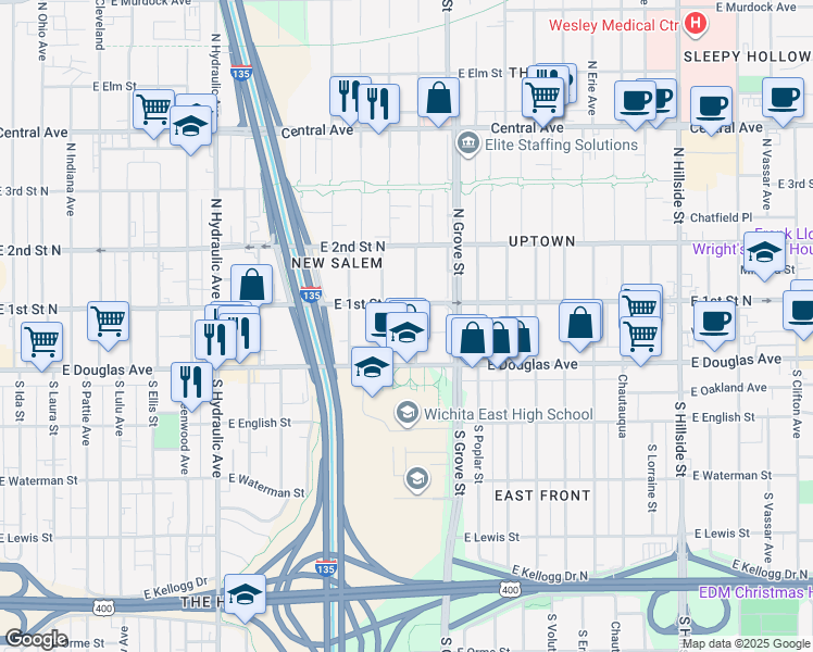 map of restaurants, bars, coffee shops, grocery stores, and more near 135 N Spruce St in Wichita