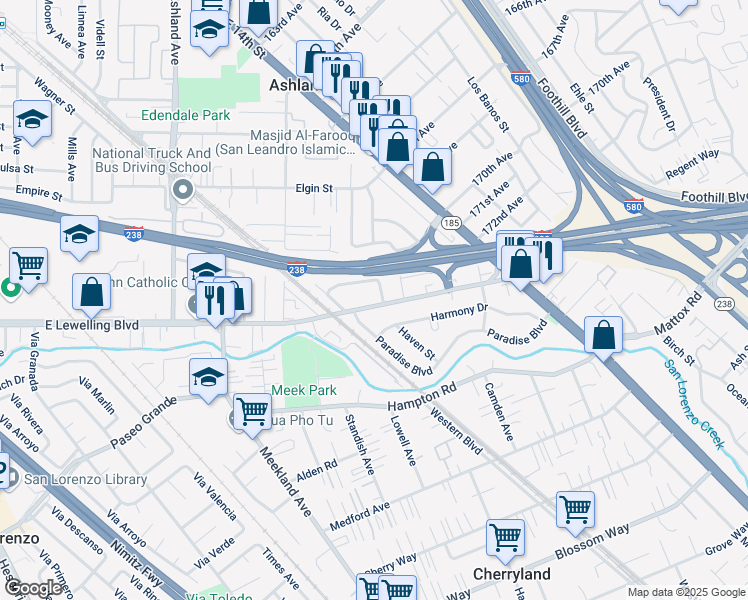 map of restaurants, bars, coffee shops, grocery stores, and more near 684 East Lewelling Boulevard in Hayward