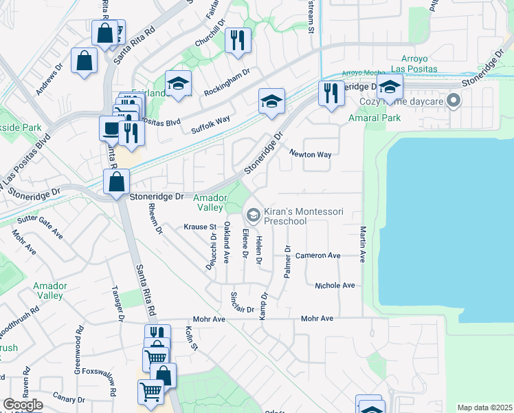 map of restaurants, bars, coffee shops, grocery stores, and more near 3858 Kamp Drive in Pleasanton