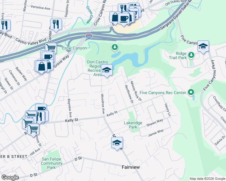 map of restaurants, bars, coffee shops, grocery stores, and more near 2947 Blanding Court in Hayward