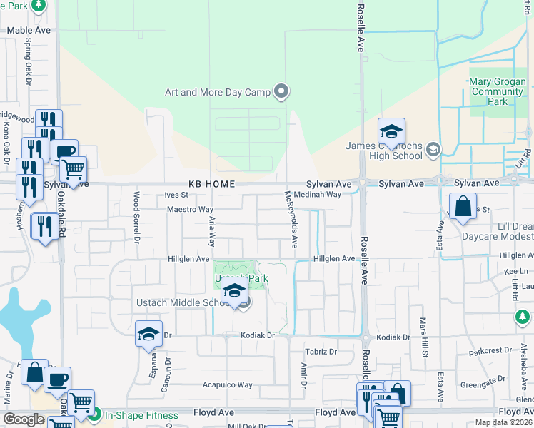 map of restaurants, bars, coffee shops, grocery stores, and more near 2720 Winged Foot Way in Modesto