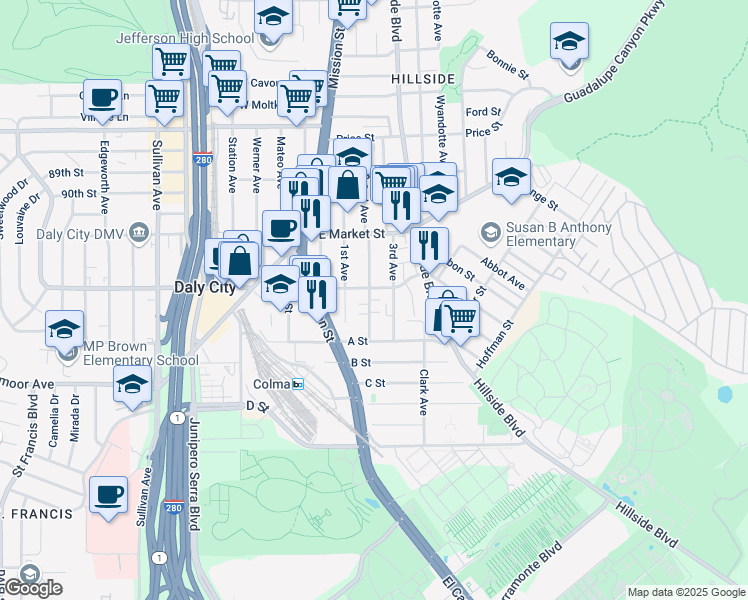 map of restaurants, bars, coffee shops, grocery stores, and more near 317 2nd Avenue in Daly City