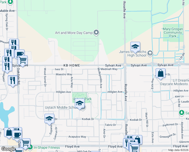 map of restaurants, bars, coffee shops, grocery stores, and more near 2720 Winged Foot Way in Modesto