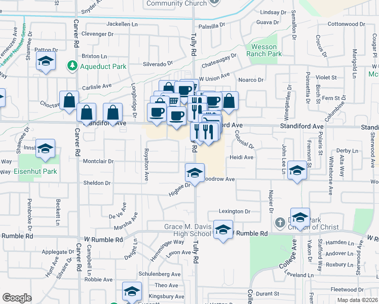 map of restaurants, bars, coffee shops, grocery stores, and more near 3401 Tully Road in Modesto