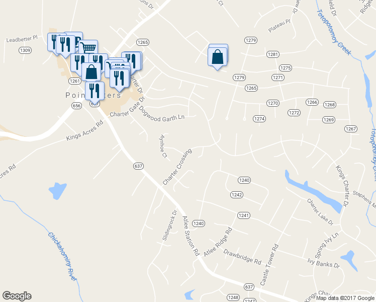 map of restaurants, bars, coffee shops, grocery stores, and more near 9410 Charter Crossing in Mechanicsville