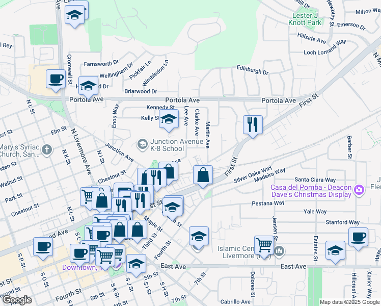 map of restaurants, bars, coffee shops, grocery stores, and more near 140 Lee Avenue in Livermore