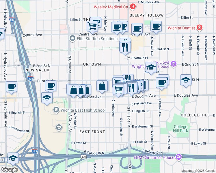 map of restaurants, bars, coffee shops, grocery stores, and more near 128 1/2 North Erie Street in Wichita