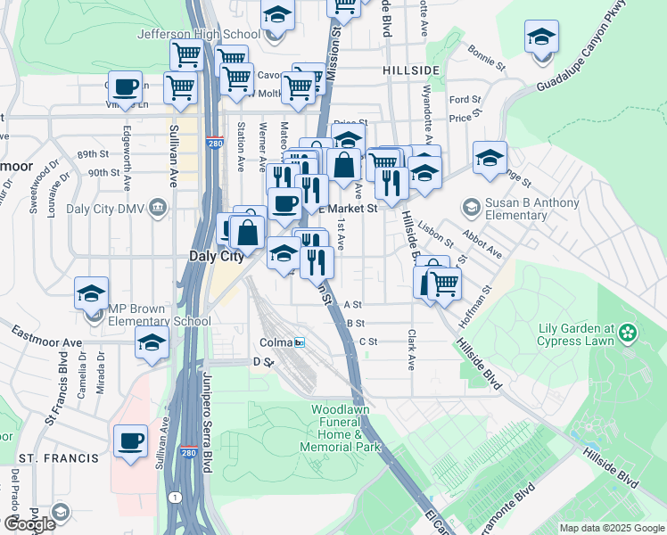 map of restaurants, bars, coffee shops, grocery stores, and more near 322 1st Avenue in Daly City
