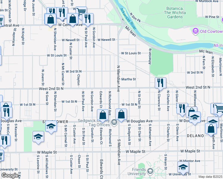 map of restaurants, bars, coffee shops, grocery stores, and more near 258 Richmond North in Wichita