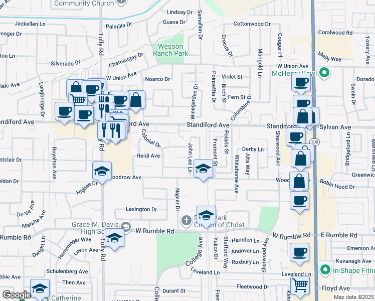 map of restaurants, bars, coffee shops, grocery stores, and more near 3405 John Lee Lane in Modesto