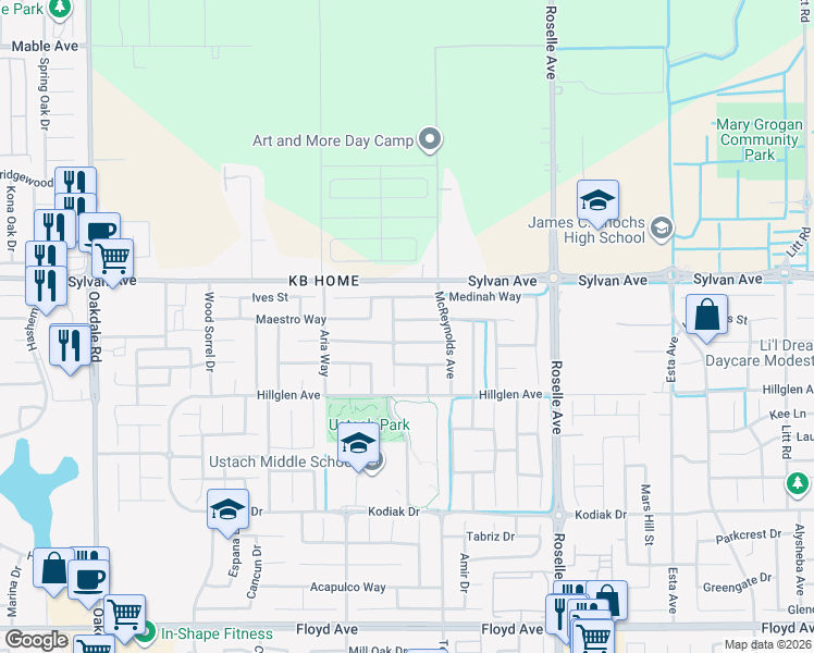 map of restaurants, bars, coffee shops, grocery stores, and more near 2720 Winged Foot Way in Modesto