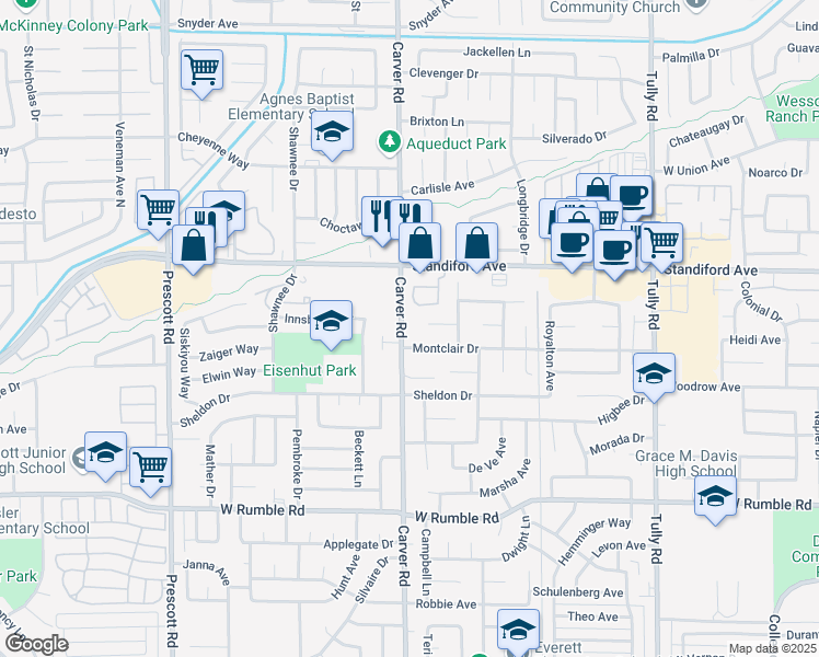 map of restaurants, bars, coffee shops, grocery stores, and more near 1020 Bellevue Court in Modesto