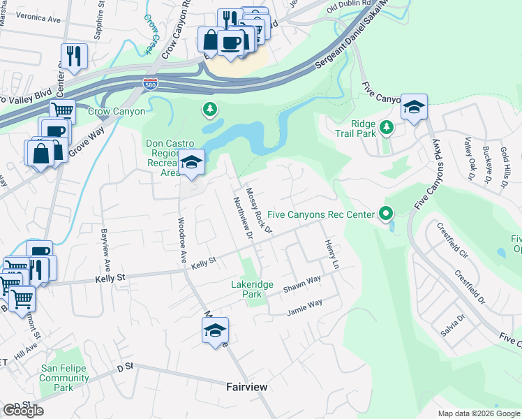 map of restaurants, bars, coffee shops, grocery stores, and more near 22597 Mossy Rock Drive in Hayward