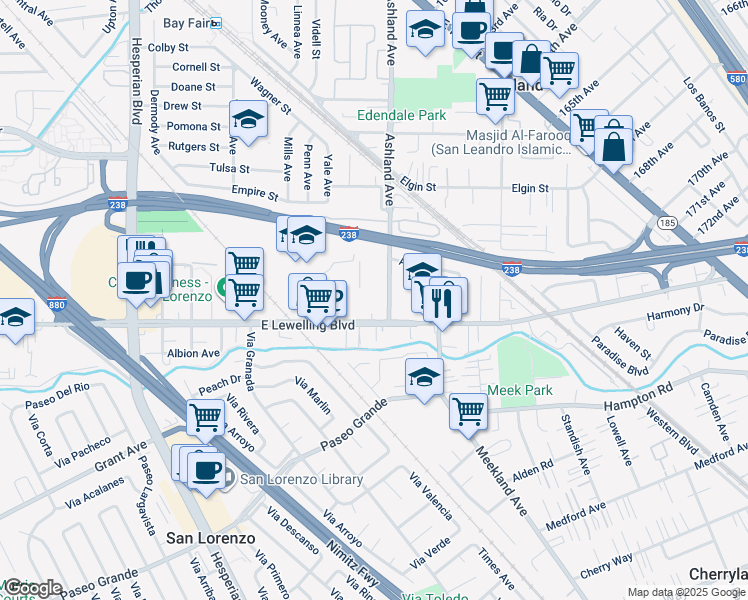 map of restaurants, bars, coffee shops, grocery stores, and more near 16623 Ashland Avenue in San Lorenzo