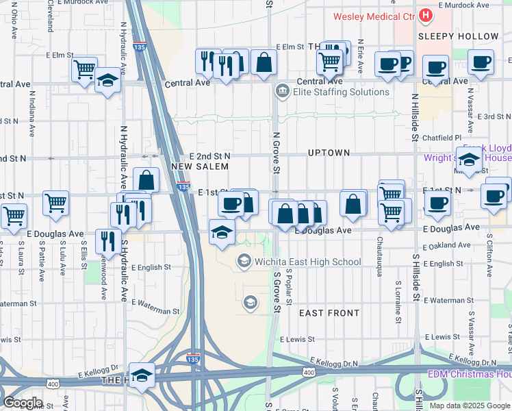 map of restaurants, bars, coffee shops, grocery stores, and more near 135 North Spruce Street in Wichita