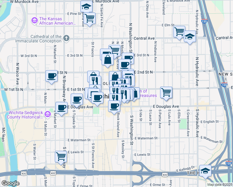 map of restaurants, bars, coffee shops, grocery stores, and more near 142 North Mead in Wichita