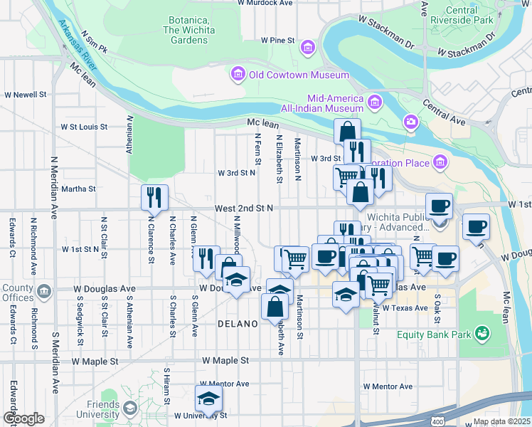 map of restaurants, bars, coffee shops, grocery stores, and more near 259 Fern North in Wichita