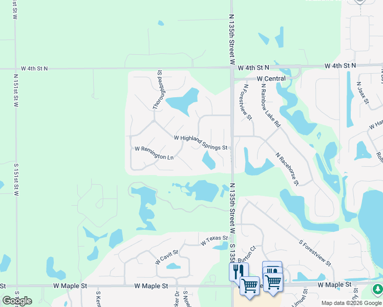 map of restaurants, bars, coffee shops, grocery stores, and more near 13707 West Highland Springs Court in Wichita