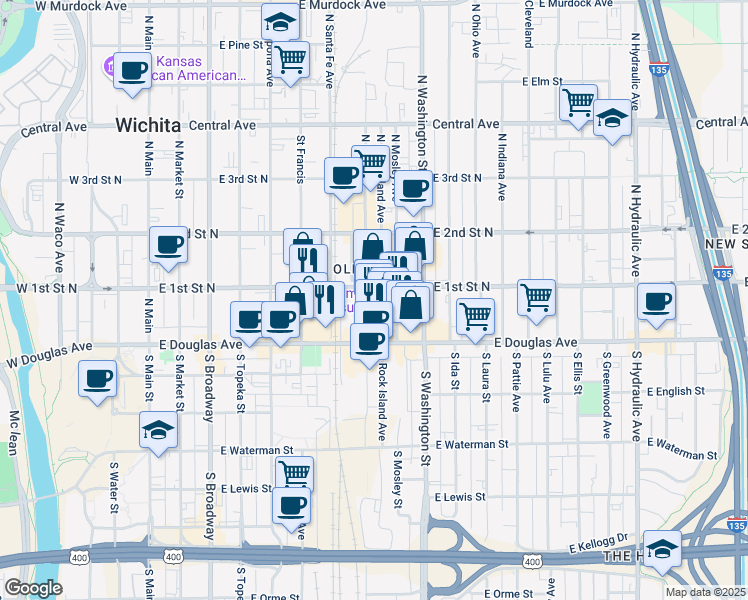 map of restaurants, bars, coffee shops, grocery stores, and more near 142 North Mead in Wichita