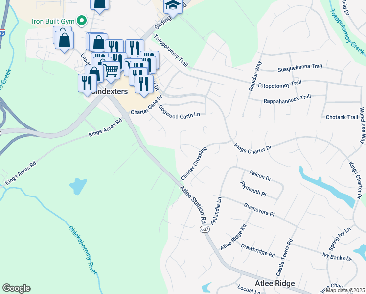 map of restaurants, bars, coffee shops, grocery stores, and more near 9417 Aynhoe Lane in Mechanicsville