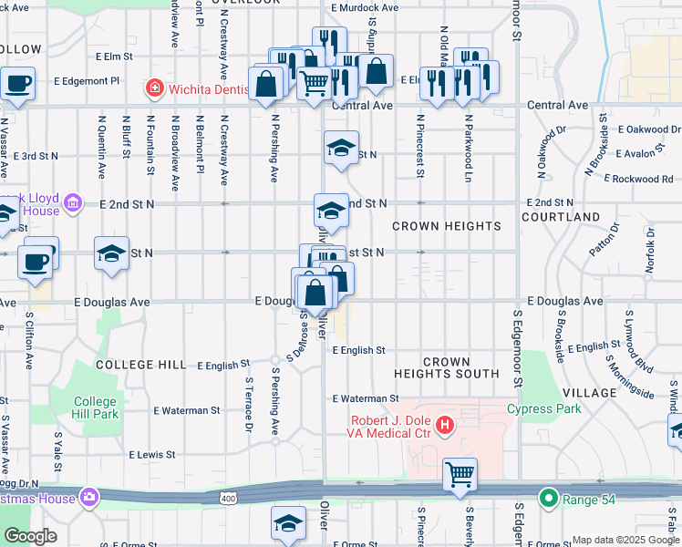 map of restaurants, bars, coffee shops, grocery stores, and more near 133 North Glendale Street in Wichita