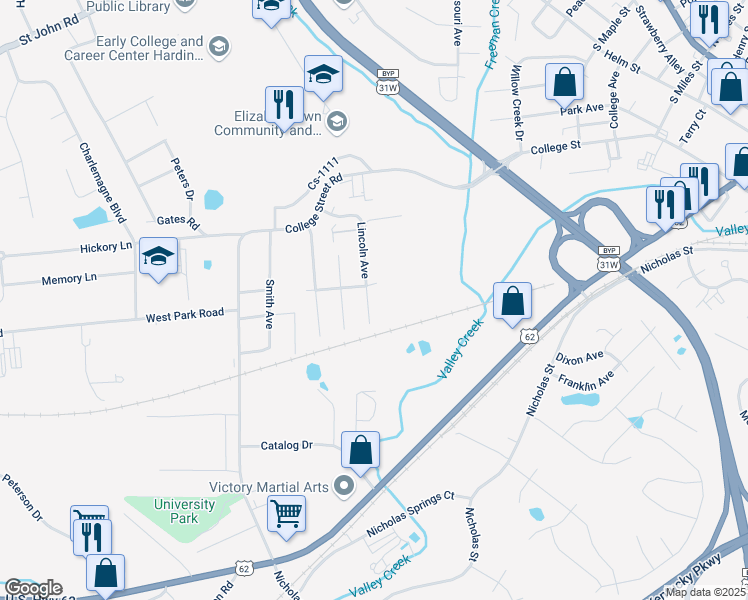 map of restaurants, bars, coffee shops, grocery stores, and more near 405B Lincoln Avenue in Elizabethtown
