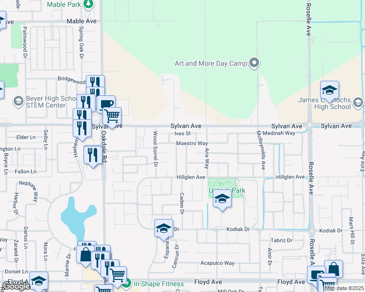 map of restaurants, bars, coffee shops, grocery stores, and more near 2444 Maestro Way in Modesto
