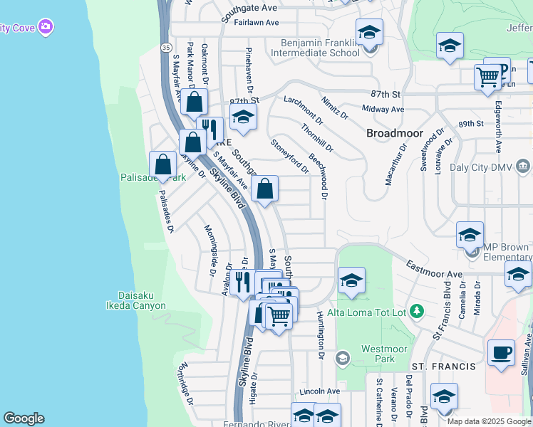 map of restaurants, bars, coffee shops, grocery stores, and more near 1343 South Mayfair Avenue in Daly City