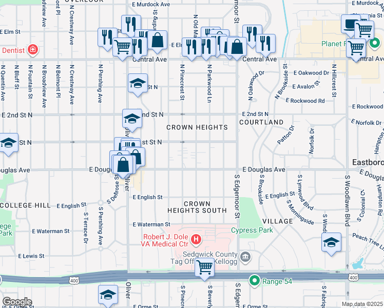 map of restaurants, bars, coffee shops, grocery stores, and more near 133 North Old Manor Road in Wichita