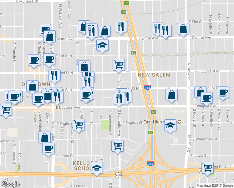 map of restaurants, bars, coffee shops, grocery stores, and more near 145 North Hydraulic Street in Wichita