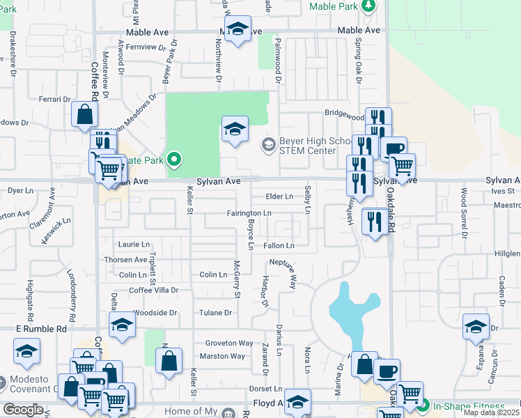 map of restaurants, bars, coffee shops, grocery stores, and more near 1805 Fairington Lane in Modesto