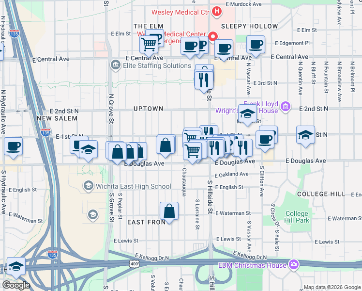 map of restaurants, bars, coffee shops, grocery stores, and more near 128 1/2 North Erie Street in Wichita