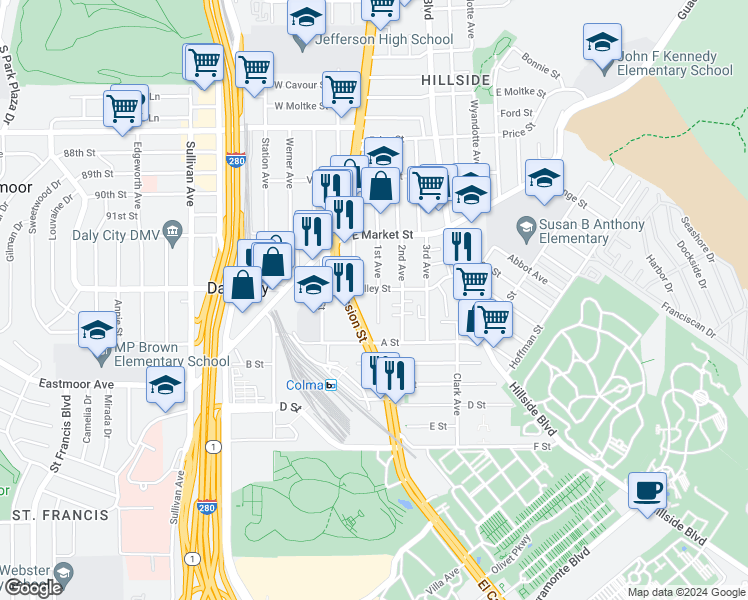 map of restaurants, bars, coffee shops, grocery stores, and more near 318 1st Avenue in Daly City