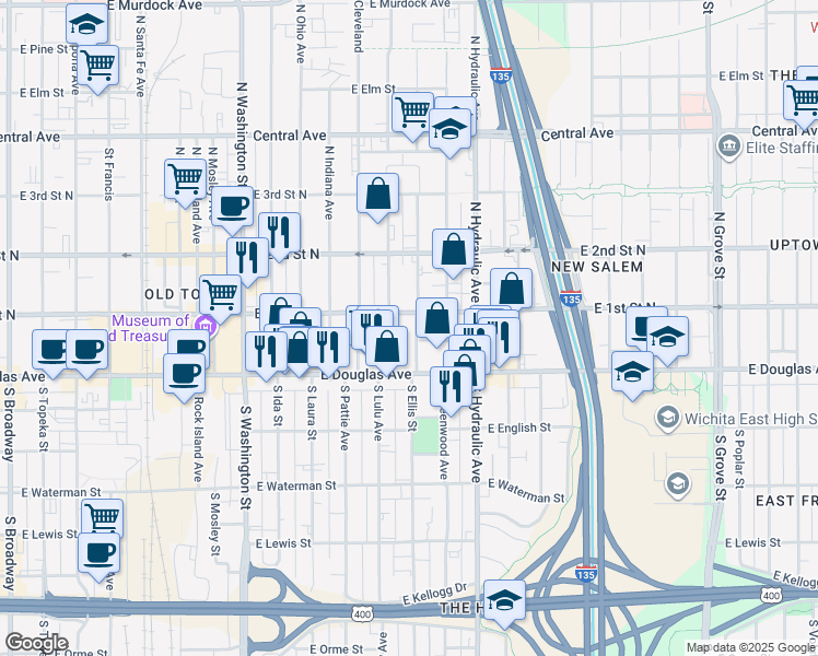 map of restaurants, bars, coffee shops, grocery stores, and more near 137 New York Street in Wichita