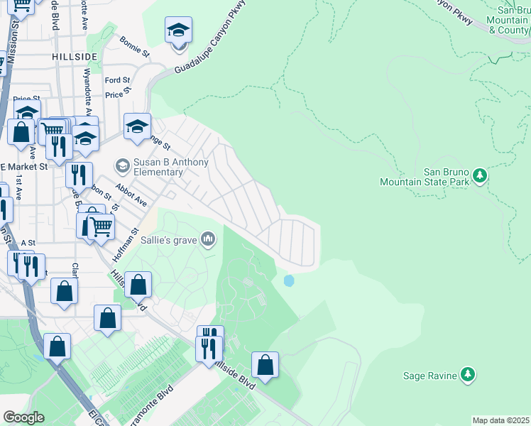 map of restaurants, bars, coffee shops, grocery stores, and more near 29 Seashore Drive in Daly City
