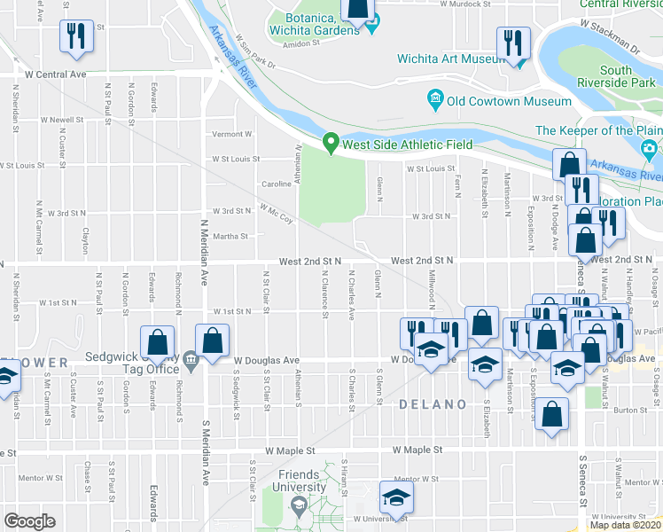 map of restaurants, bars, coffee shops, grocery stores, and more near 256 North Clarence Street in Wichita