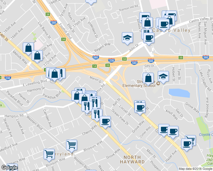 map of restaurants, bars, coffee shops, grocery stores, and more near 20857 Foothill Boulevard in Hayward