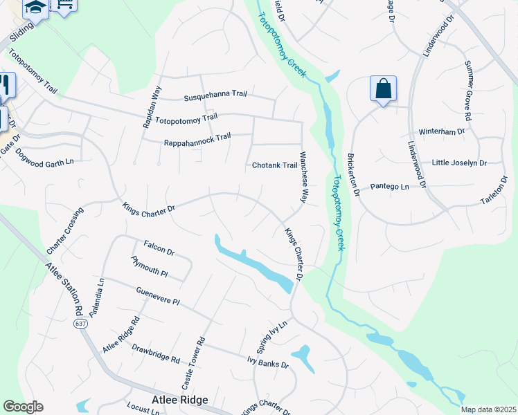 map of restaurants, bars, coffee shops, grocery stores, and more near 9257 Kings Charter Drive in Mechanicsville